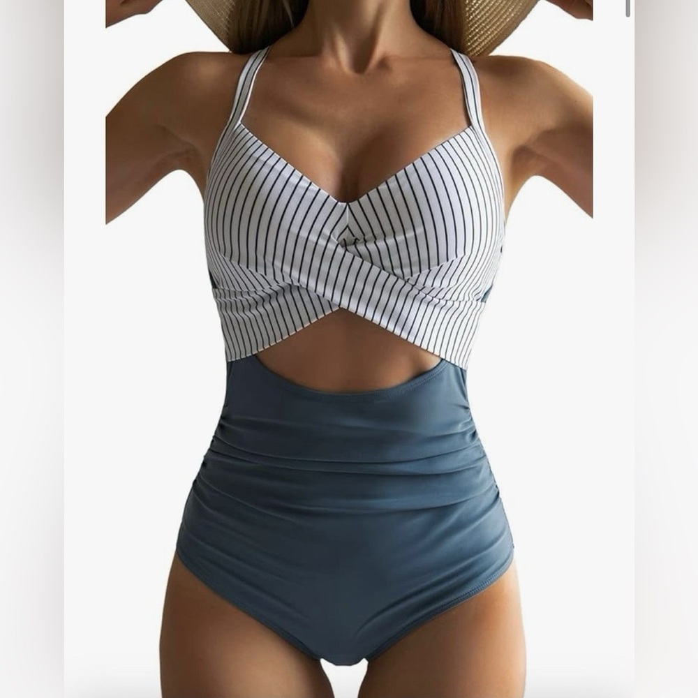 NWT Eomenie Striped Blue Ruched Cutout High-Waisted One-Piece Swimsuit XL